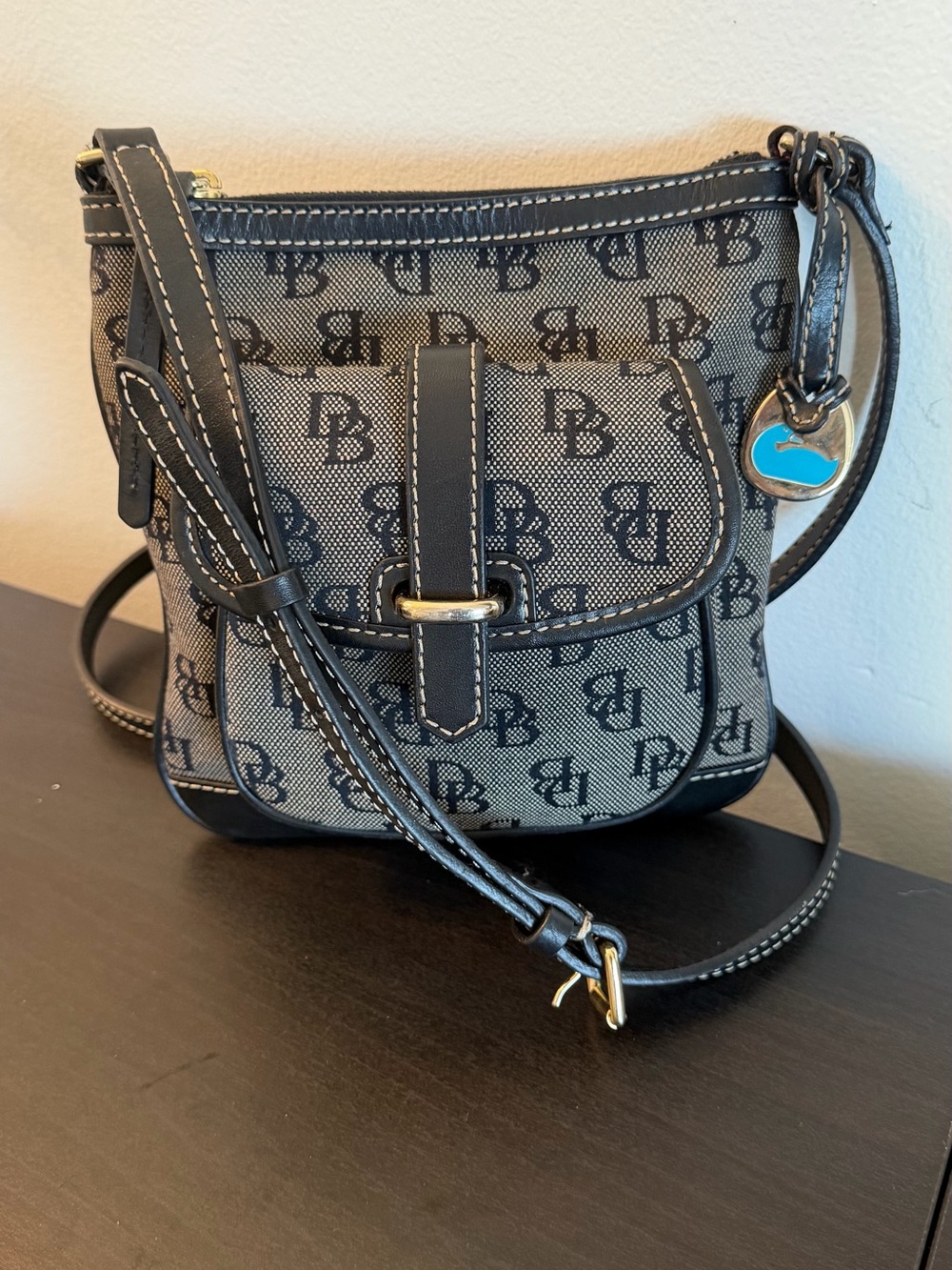 Dooney & Bourke Gray and Black Logo Crossbody with Blue Heart Charm